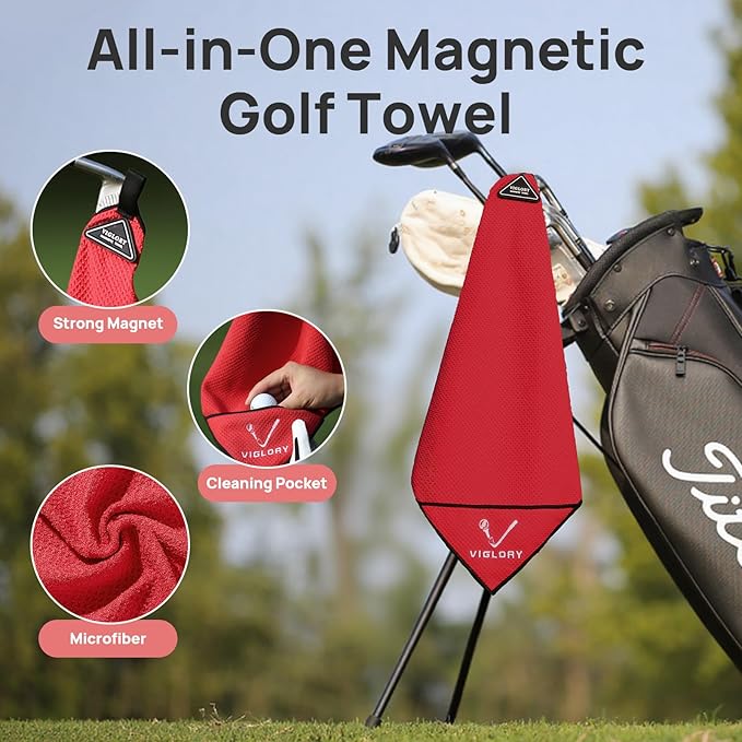 Magnetic Golf Towel for Bag 18" x 18" with Clip Exclusive Cleaning Pocket Microfiber Waffle Ultra Absorbent Club Ball Cleaner Essential Golf Accessories and Gifts for Men Women(Red 1 Pack)