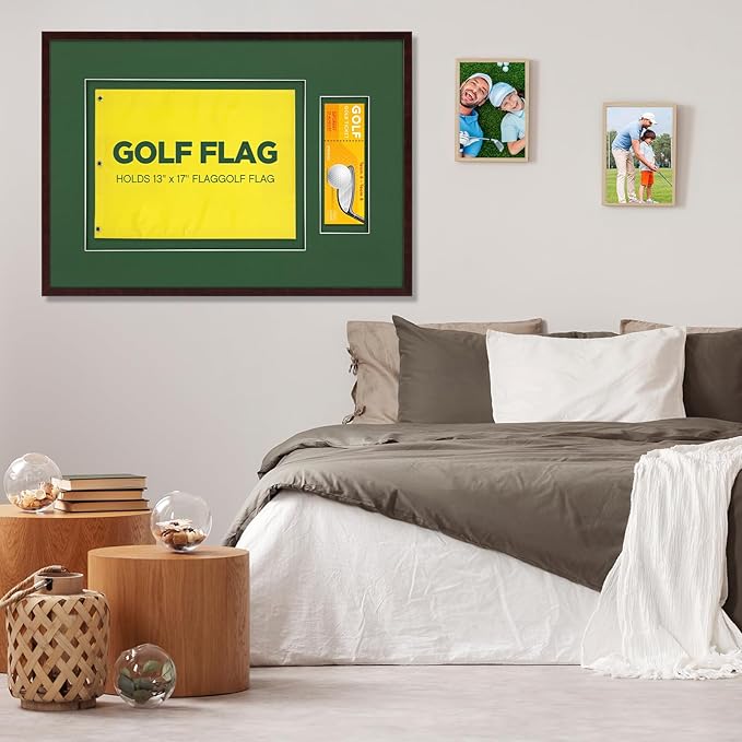 20''x29.5'' Golf Flag Frames for 13''x17'' and 14''x18'' Golf Flags Wood Photo Frame Collection Sport Collector Memorabilia for Retirement Birthday Gifts, Flag Not Included (Reddish Brown)