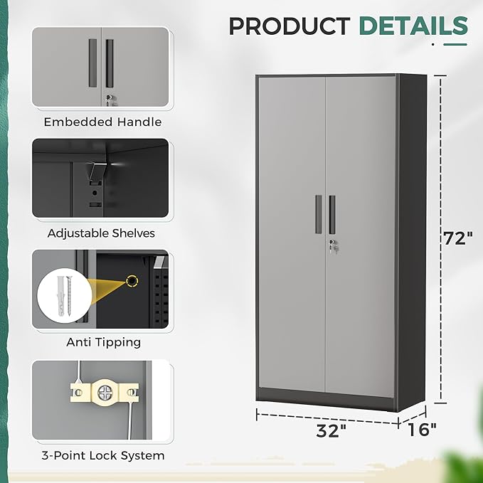 Greenvelly Metal Garage Storage Cabinet with Lock, 72”Metal Storage Cabinet with 2 Doors and 4 Adjustable Shelves, Steel Tool Cabinet for Garage,Home Office, School,Gym (Black Grey)