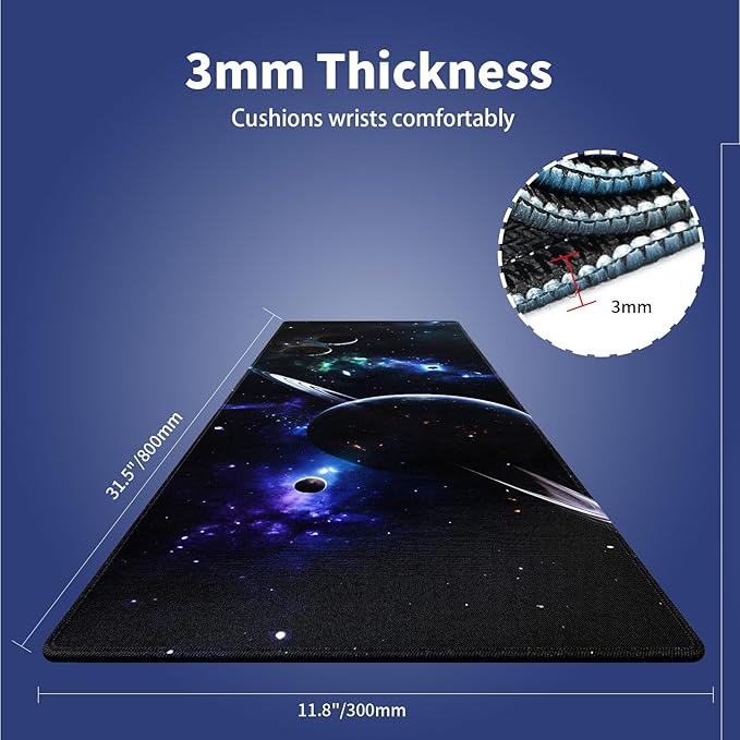 Wknoon. Extra Large Gaming & Office Mouse Pad (31.5" x 11.8") – Space Planets Navy Blue Galaxy, Premium Anti-Slip XXL Desk Mat with Durable Stitched Edges