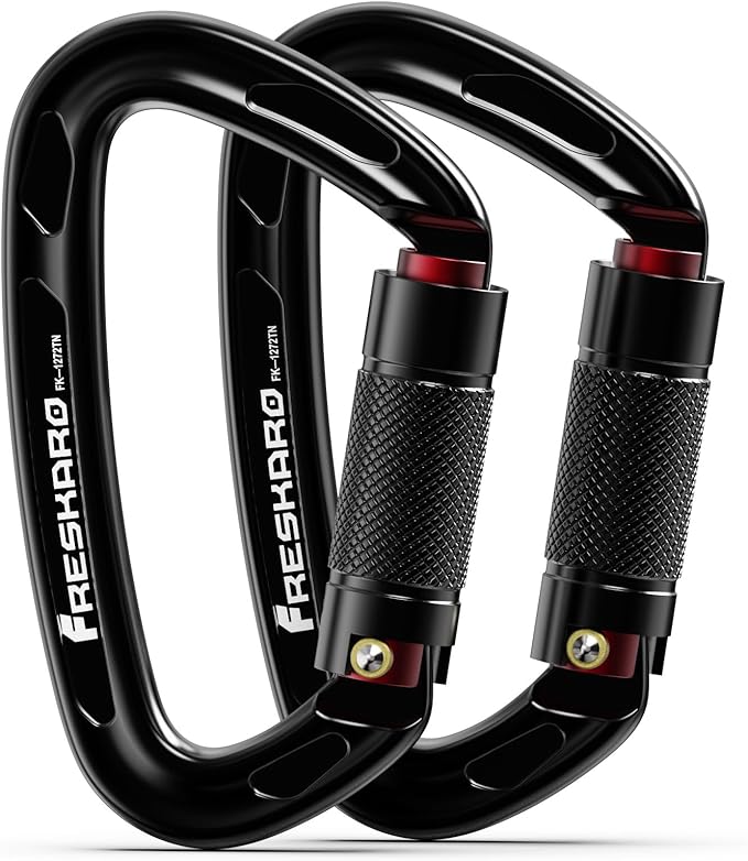 FresKaro UIAA Certified 25KN Auto Locking Climbing Carabiner Clips, Twist Lock, and Heavy Duty Carabiners for Rock Climbing, Rappelling, and Mountaineering, D Shaped