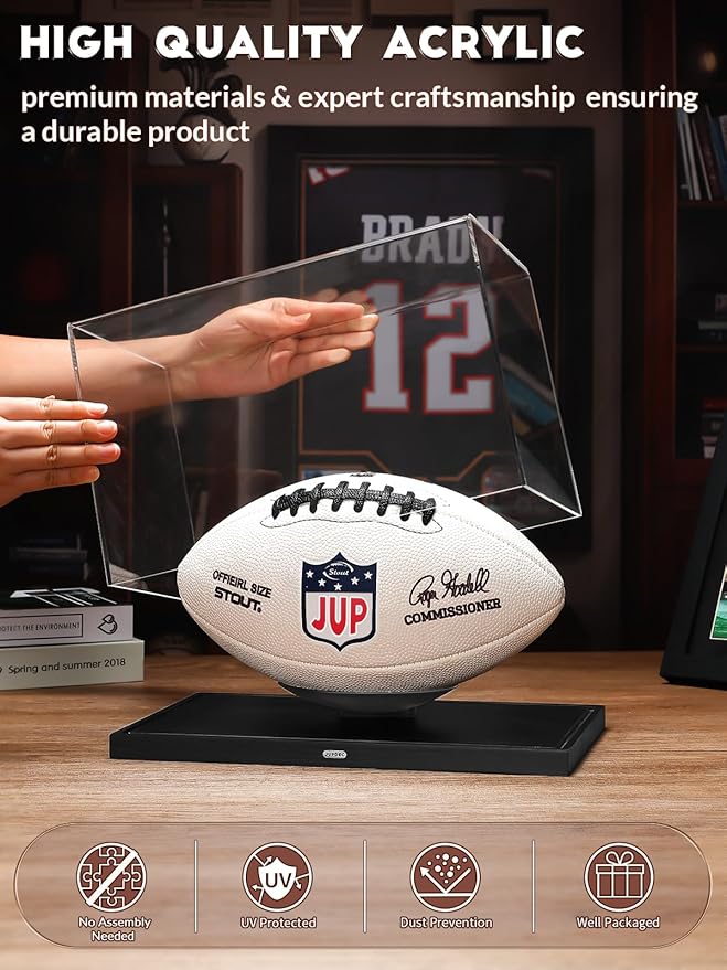 JupDec Football Display Case Full Size, Upgraded Clear Acrylic Box with Curved Cradle Holder & Solid Wood Base, Fits All Football Sizes, UV Protected Memorabilia Display for Collectors, Black