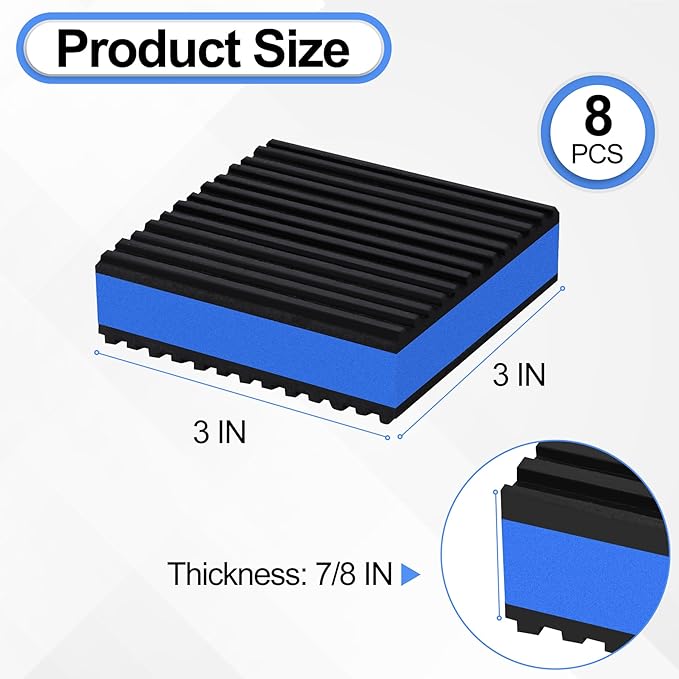 8 Pack Anti Vibration Pads for Washing Machine 3"x3"x7/8", Sound Isolation Vibrating Pad Ribbed Rubber Damping Mat EVA Center for Air Compressors, Conditioner, Treadmill, HVAC Washer Dryer