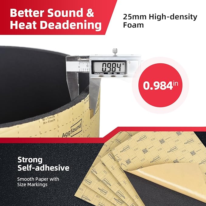 Sound Deadening Mat 1inch(25 mm) 6.54sqft - Closed Cell Foam Car Sound Deadening Material - Self-Adhesive Hood Insulation Heat Shield Auto Sound Dampening