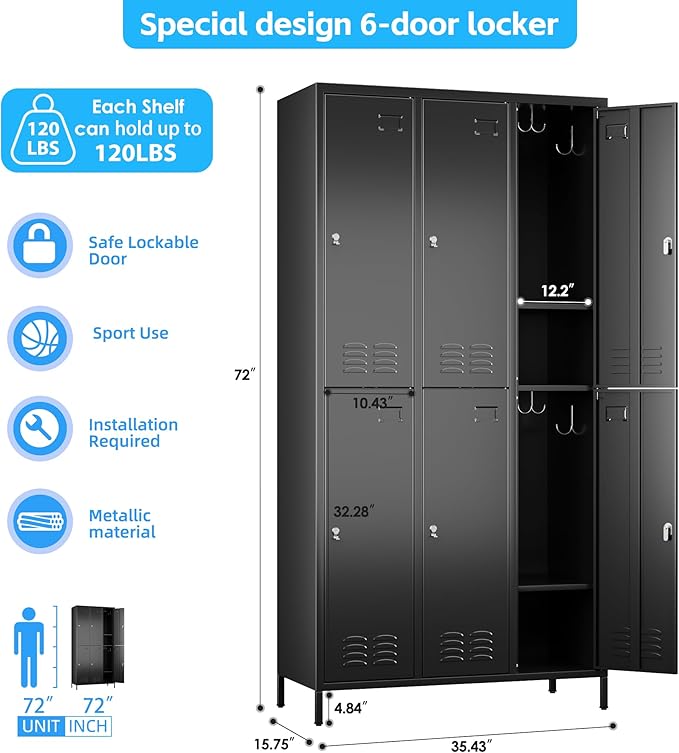 METAN Metal Locker for School Office Gym Bedroom,6 Doors Steel Storage Locker Cabinet for Employees,Industrial Storage Locker with 1 Shelves,Assembly Required (6 Door-Black)