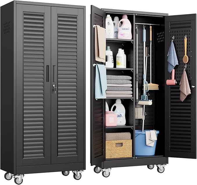 SUXXAN Broom Closet with Wheels 71"x 31.5"x15.75", Metal Cleaning Cabinets with Louvered Doors Hooks and Hanging Rods, Lockable Cabinet with Pegboard, Adjustable Shelf,for Garage, Laundry Room