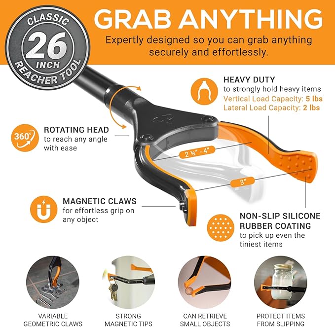 EZPIK® Reaching Aid Tool Grabber Reacher + Magnets - Grabbers for Seniors, Trash Picker Upper Grabber - Trash Grabber Tool- Reacher Grabber Pickup Tool with Rotating Head (26" Grip Aid)