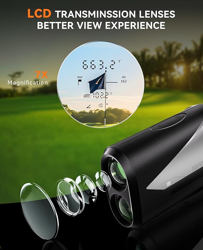 SUNPOW Golf Rangefinder with Slope -1000 Yards Range Finder with Flag Pole Locking Vibration-7X Magnification Rechargeable Golf Range Finders for Hunting