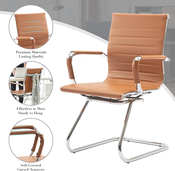 CIMOTA Waiting Room Chairs Leather Office Guest Chair Mid Back Reception Chairs with Sled Base for Meeting/Patient/Conference Room, Brownish Yellow Set of 8
