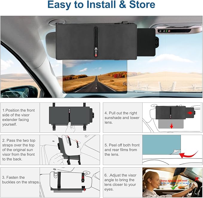 Veharvim Sun Visor Extender for Car (Polarized, UV400, Zipper Slider& Prevents Fingerprints, Pc Lens), Visor Extender Attachment for Car Visor, Anti-Glare for Safe Driving