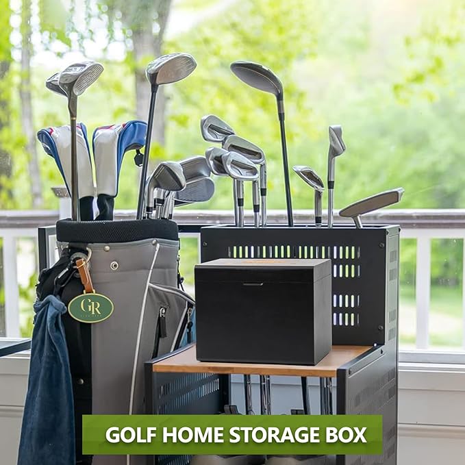 Golf Storage Box Golf Gifts - Golf Scorecard Collection Box with 5 Wooden Dividers - Golf Organizer for Scorecards, Photos, Keepsakes; Fathers Day Dad Gifts for Men from Wife (Black)