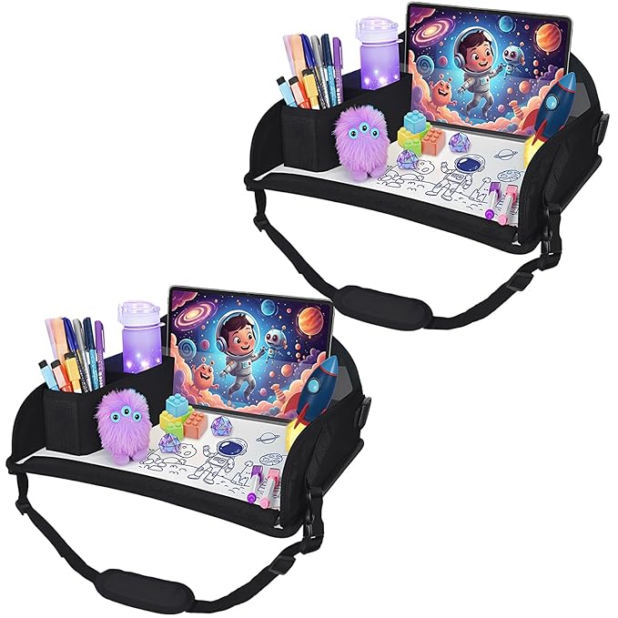 Upgraded Kids Travel Tray for Airplane - Toddler Car Seat Table Tray, Road Trip Essentials for Boys & Girls, Carseat Lap Desk for Kids Road Trip Activities, Black - 2 PCS