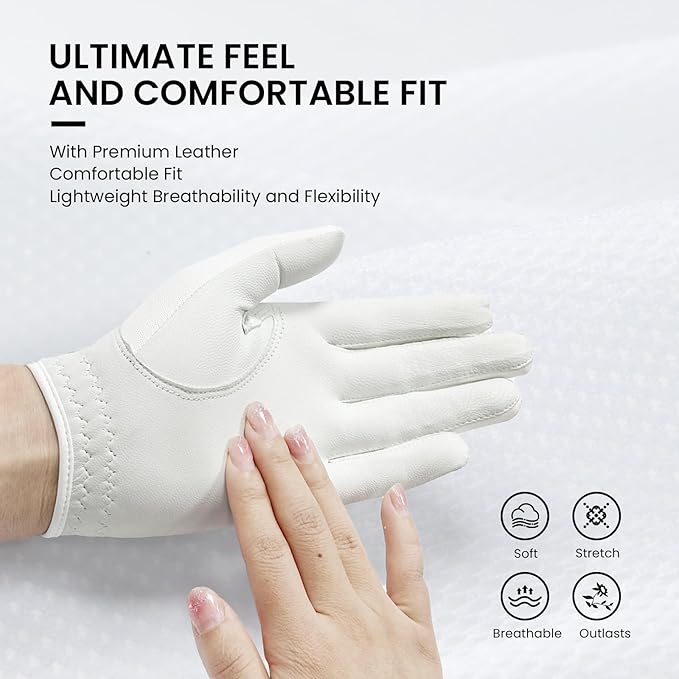 FINGER TEN Women’s Leather Golf Glove with Ball Marker Ladies Gloves Left Right Handed Golfer Extra Grip 1 Pack, Left Right Hand Pink Fit Woman Girl, Size Small Medium Large XL