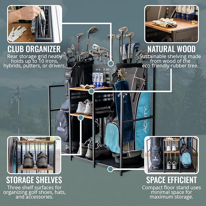 Teal Triangle Golf Storage Organizer, Heavy Duty Garage Freestanding Storage, Holds Golf Clubs, Bags, Golf Accessories, Golf Gifts for Men