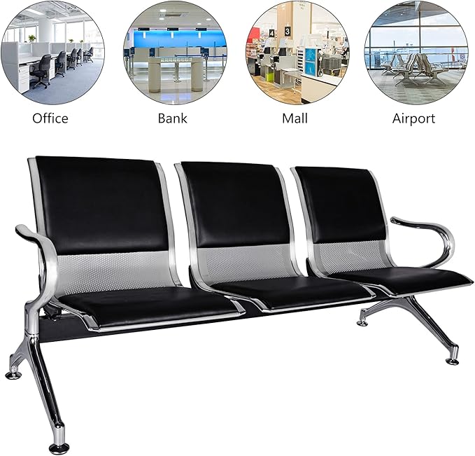 Kinfant Waiting Room Chair Bench - Guest Reception Chairs for Airport Hospital Bank Salon Barber Hall Room Conference (3-seat, Black-Mesh+PU)
