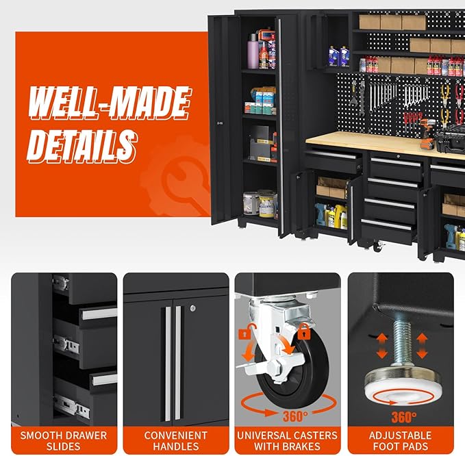 Garage Storage Cabinet System - 9-Pc Steel Workshop Set w/Workbench Includes Cabinet Drawers & Pegboard | Gray Tool Organization System for Garage/Workshop