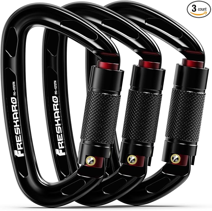 FresKaro UIAA Certified 25KN Auto Locking Climbing Carabiner Clips, Twist Lock, and Heavy Duty Carabiners for Rock Climbing, Rappelling, and Mountaineering, D Shaped