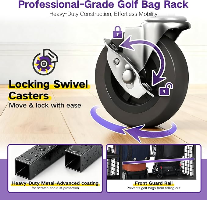 Golf Bag Storage Garage Organizer, Golf Bag Storage Stand and Other Golfing Equipment Accessories Rack, Golf Bag Storage Rack with Wheels, Golf Organizer for Home, Garage, Club, Shed, Basement