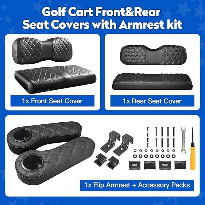 NOKINS Golf Cart Seat Covers for YAMAHA/G29/Drive2, Vinyl Front&Rear Seat Cover with Flip-Up Armrests kit, with Cup Holder, for 1" Square Tube (Black&Black Stitching)