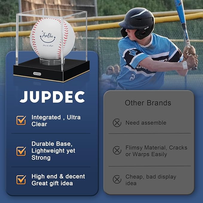 JupDec Baseball Display Case, Clear Acrylic Cube Baseball Holder with Durable Base, UV Protected Autograph Stand Box for Single Ball, Ideal Gift for Collector & Sports Enthusiast, Gold, 2 Pack