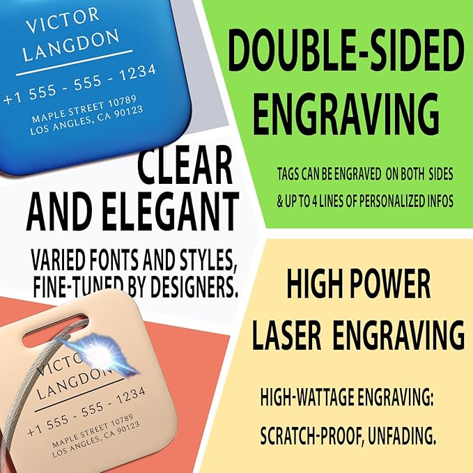Stainless Luggage Tags for Suitcases 4 Pack: Metal Personalized Luggage Tags for Backpacks & Bags with Customizable Texts (Black)