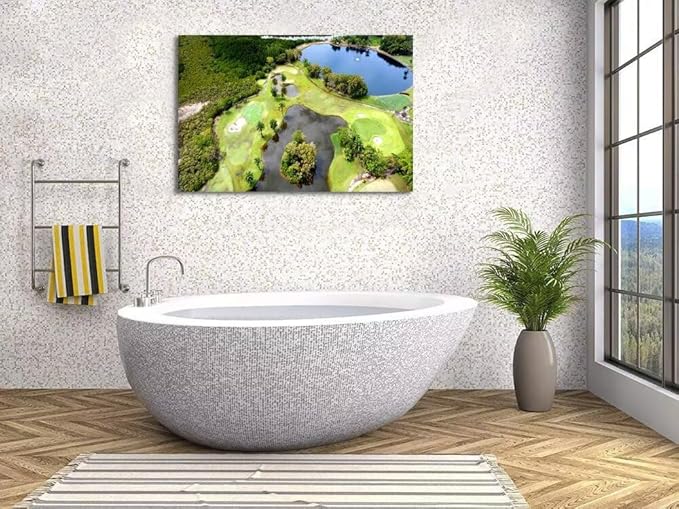 Golf Course Canvas Wall Art for Living Room Bedroom Bathroom Home Decorations Golf Course and Lake Picture Poster Prints Artwork Framed Ready to Hang(12''H x 16''W)