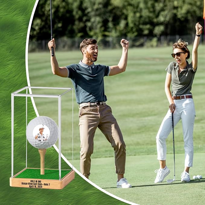 Custom Golf Ball Display Case – Single Golf Ball Holder Stand with Clear Acrylic Cover, Wood Base & Grass Pad – Hole-in-One Golf Gift for Men, Dad, Coach, Golfer (Customized, 4.9x3x2.9 inch)