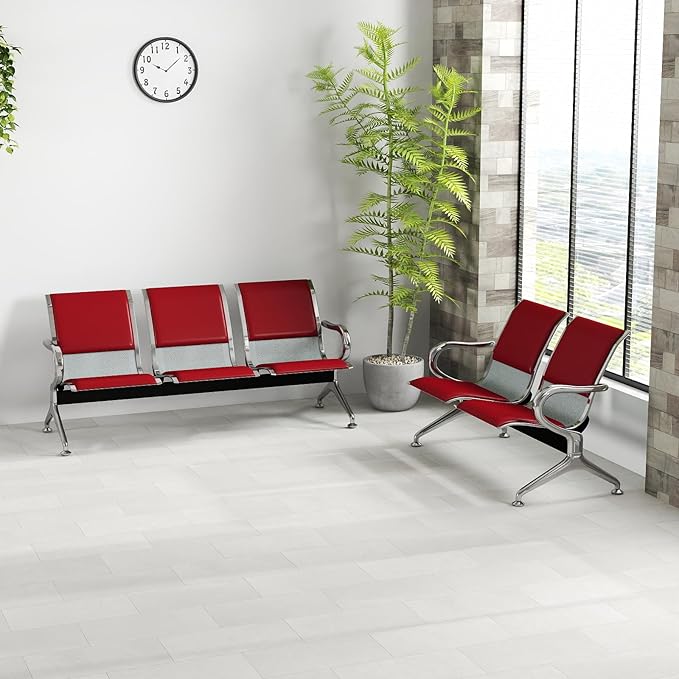 Kinfant 5-Seat Waiting Room Chairs with Arms – Heavy-Duty Steel Frame PU Leather Back & Cushioned Seat, Ergonomic Office Reception Guest Chair for Lobby, Clinic, Airport, Red