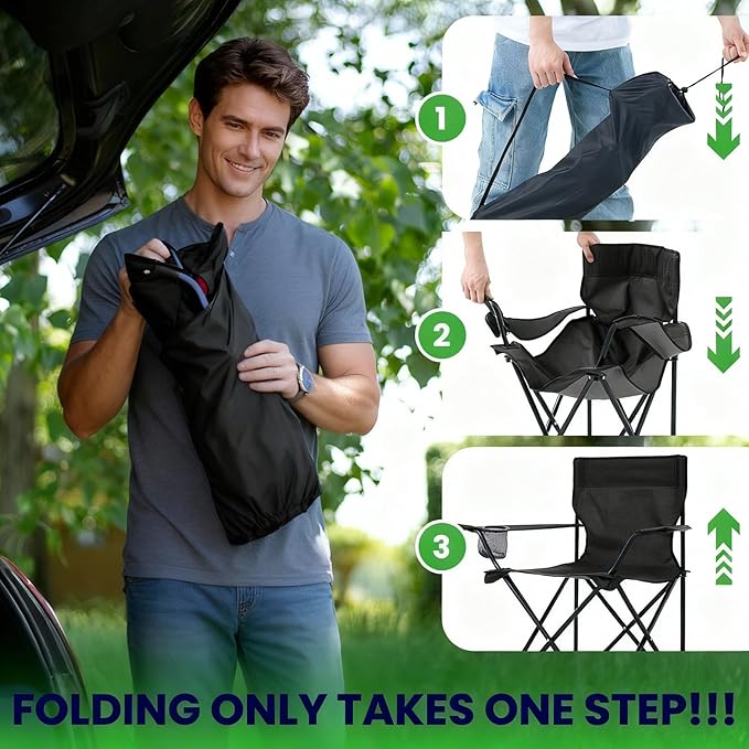 2 Pack Lightweight Portable Camping Chairs Folding Lawn Chair Outdoor Beach Chair with Cup Holder & Carry Bag for Outside Sports, Fishing, Hiking, Travel, Picnic, Backyard（Black）