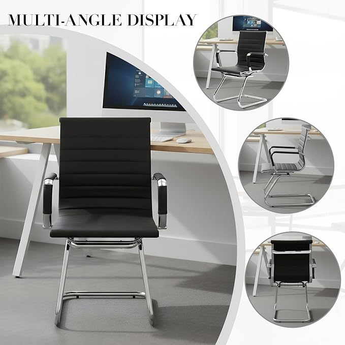 CIMOTA Waiting Room Chairs Leather Office Guest Chair Mid Back Reception Chairs with Sled Base for Meeting/Patient/Conference Room, Black Set of 4