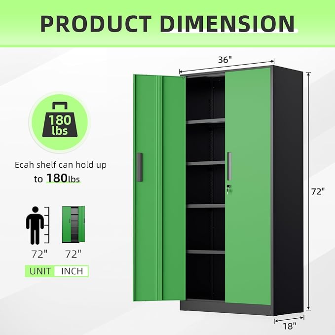 INTERGREAT Metal Storage Cabinet with Doors, 72" Locking Steel Storage Cabinet with Shelves, Tall Metal Cabinet Lockable Steel Cabinets for Home Office, Garage,(Black+Green)
