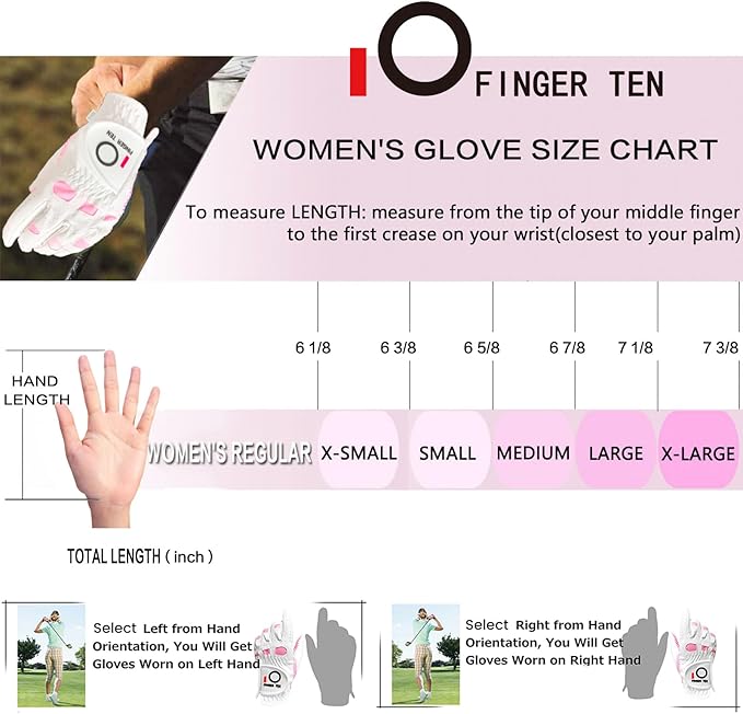 FINGER TEN Ladies Golf Gloves Left Right Hand 1 Pack, Golf Glove for Women's Golfer Lh Rh All Weather Grip, Size Fit Small Medium Large XL