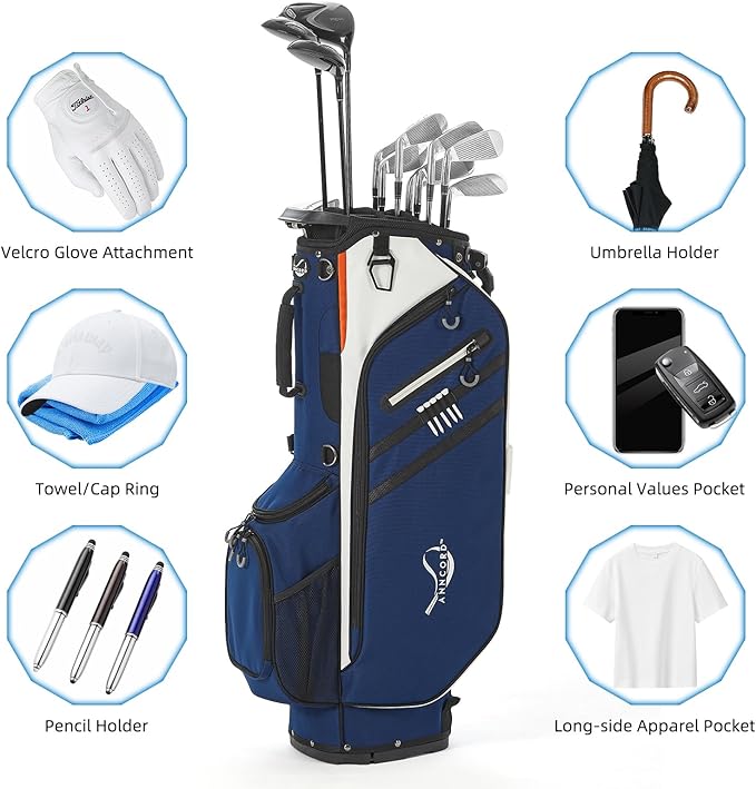 Golf Stand Bag 14 Way Top Dividers Full-Length with Stand, 7 Pockets, Lightweight Golf Bag for Men, Dual Strap, Rain Hood, Portable Golf Club Bag for Men Women