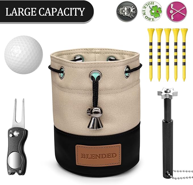 Golf Valuables Pouch,Bucket Waist Design Golf Pouch Bag with Drawstrings Golf Tee Bag Pouch Leather for Men Women (Khaki+Black)