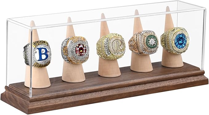 Championship Ring Display Case Baseball Softball Football Ring Holder for 5 Rings Wanult Wood Base Acrylic Sports Ring Display Case Stand for Men Wooden Ring Box for Women Memorabilia Showcase Cube