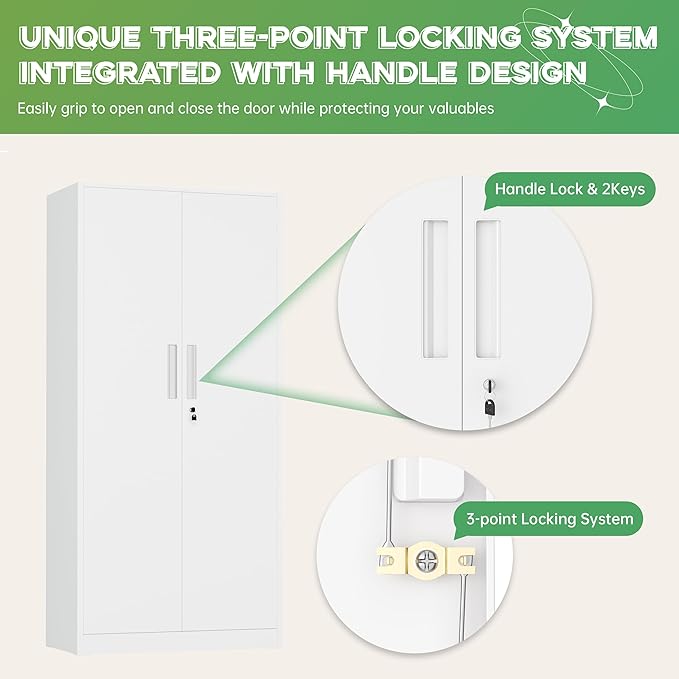 INTERGREAT Metal Storage Cabinet with Lock, 63" H Metal Cabinets Storage with 2 Doors and 4 Adjustable Shelves, Locking Garage Cabinet for Home Office, Kitchen, Bathroom (White)