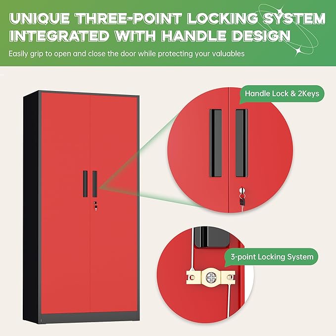 INTERGREAT Metal Storage Cabinet with Lock, 63" H Metal Cabinets Storage with 2 Doors and 4 Adjustable Shelves, Locking Garage Cabinet for Home Office, Kitchen, Bathroom (Black Red)