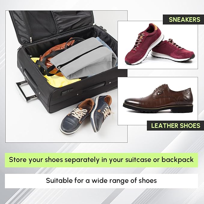 2 Pack Smell Proof Shoe Cleat Bag for Travel Water-resistant Odor Absorbing Lightweight Golf Soccer Shoe Storage Organizer Pouch with Zipper Dust-proof for Gym Sports Work (Black, Light Grey)