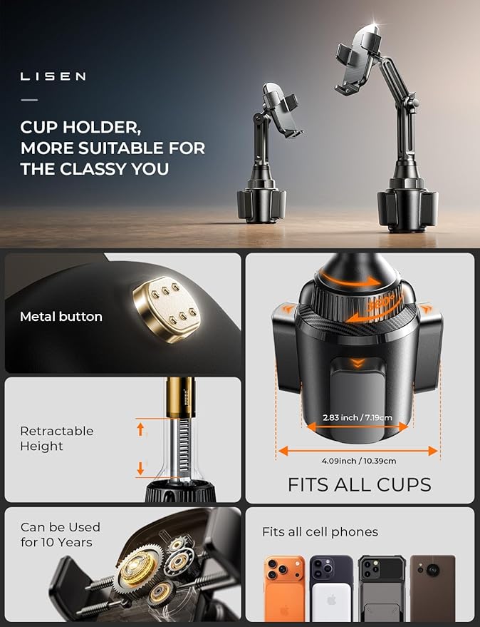 LISEN Upgraded Version Cup Holder Phone Holder 360° Adjustable Long Neck Car Phone Mount Golf Cart Phone Holder, Truck Jeep Accessories for iPhone 17 Air Pro Samsung Google and All 4-7'' Phone,Black