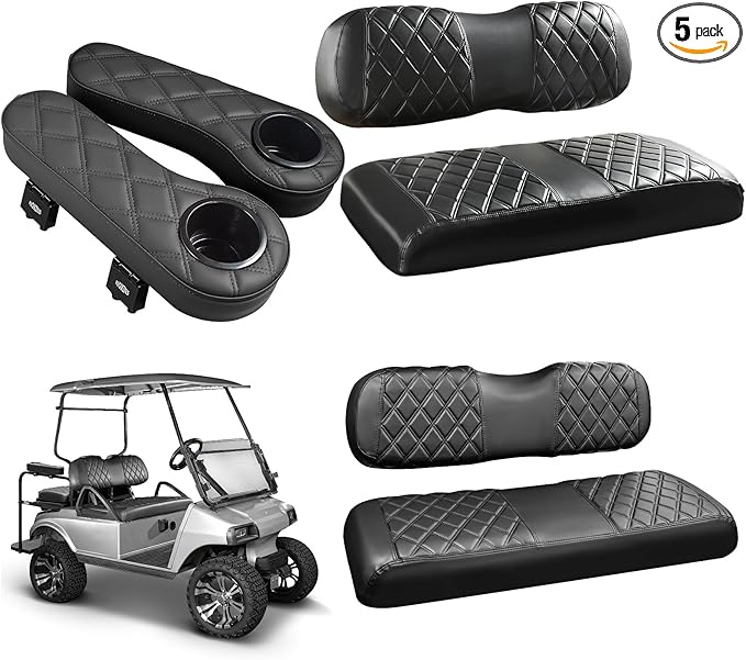NOKINS Golf Cart Seat Covers for Club Car DS 2000.5-Up,Vinyl Front&Rear Seat Cover with Flip-Up Armrests kit,with Cup Holder, for 1" Square Tube(Black&Black Stitching)