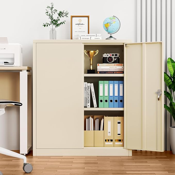 Pataku Metal Storage Cabinet, Garage Cabinet with Doors and Shelves 36" Hx32 Wx16 D, Steel Lockable File Cabinets for Office, Home, Garage, Basement, Industrial, Putty