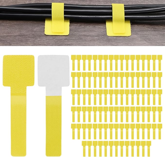 100-Pack Hook and Loop Cable Ties, 3.5 x 1.1 Inch Enhanced Self-Adhesive Cord Organizer for Desk/Home/Wall/Office Essentials, Cable Management Under Desk [Yellow]