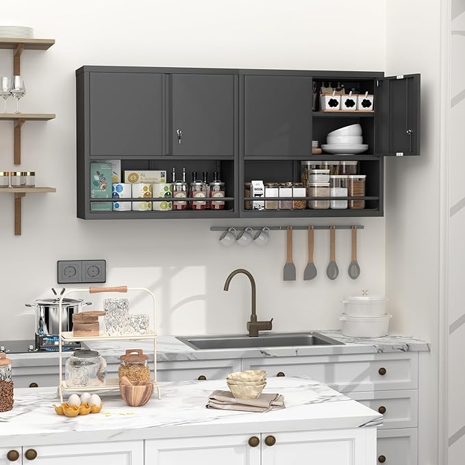 GREATMEET 31" H Metal Garage Storage Cabinets with Doors and Shelves, Lockable Storage Cabinet with Lock, Black Hanging Cabinets for Wall, Wall Mount Cabinet for Utility Room