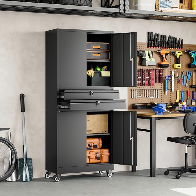 Yizosh Metal Garage Storage Cabinet with Locking Doors and Adjustable Shelves, 74" Rolling Tool Storage Cabinet with 4 Wheels and 2 Drawer for Garage,Warehouse