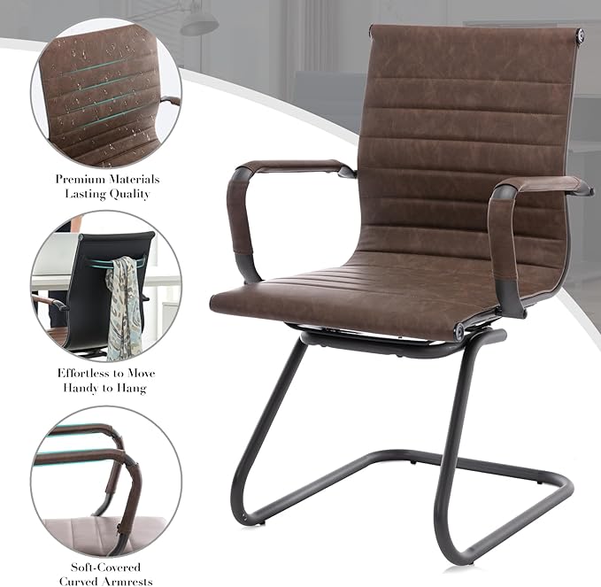 CIMOTA Waiting Room Chairs Set of 2 Leather Office Guest Chair Mid Back Reception Chairs with Sled Base for Meeting/Patient/Conference Room, Retro Brown, 2PCS