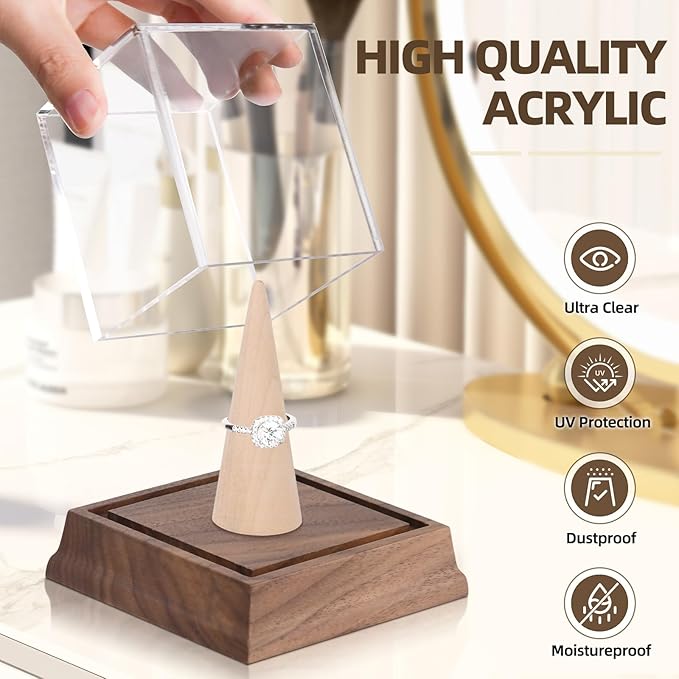 Championship Ring Display Case Baseball Softball Football Ring Holder Wanult Wood Base Acrylic Sports Ring Display Case Stand for Men Wooden Ring Box for Women Memorabilia Showcase Cube Collectibles
