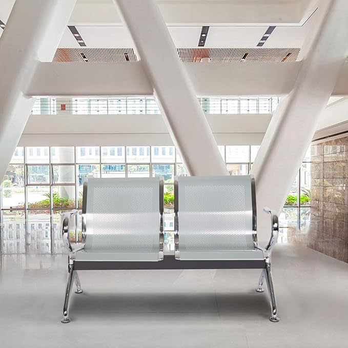 Kinfant Waiting Room Chair Bench - Guest Reception Chairs for Airport Hospital Bank Salon Barber Hall Room Conference (2-seat, Silver-Mesh)