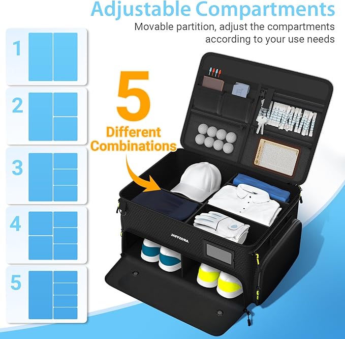 4-Layer Golf Trunk Organizer, Golfer Gifts for Men Women with Separate Ventilated Compartment for 2 Pairs Shoes, Waterproof Car Golf Locker Storage Bag for Golf Gear and Accessories,Black