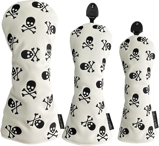 Golf Club Headcover 3 Wood Headcover Hybrid UT Covers White Skull Embroidery, Premium Leather Driver Head Covers Hybrid Headcover Fairway Wood Cover for Golf Clubs
