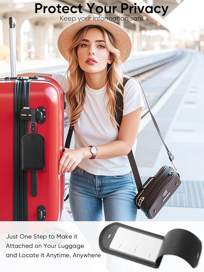 Luggage Tags Built-in Anti-Loss Tracker, Luxury Leather Luggage Tags for Suitcase, Travel Bags, Backpacks, Travel Organizer for Lost Baggage Prevention (Black)